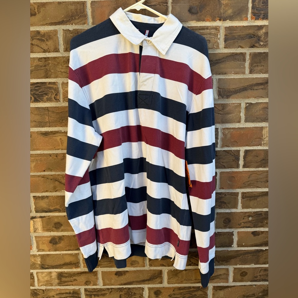 W65 Nautical ORugby Shirt‎ Collared Navy Maroon White Long Sleeve Outfitters L